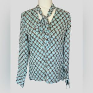 Chelsea28 Anthropologie Wimen’s Argyle, diamond pater neck tie teal blouse XS